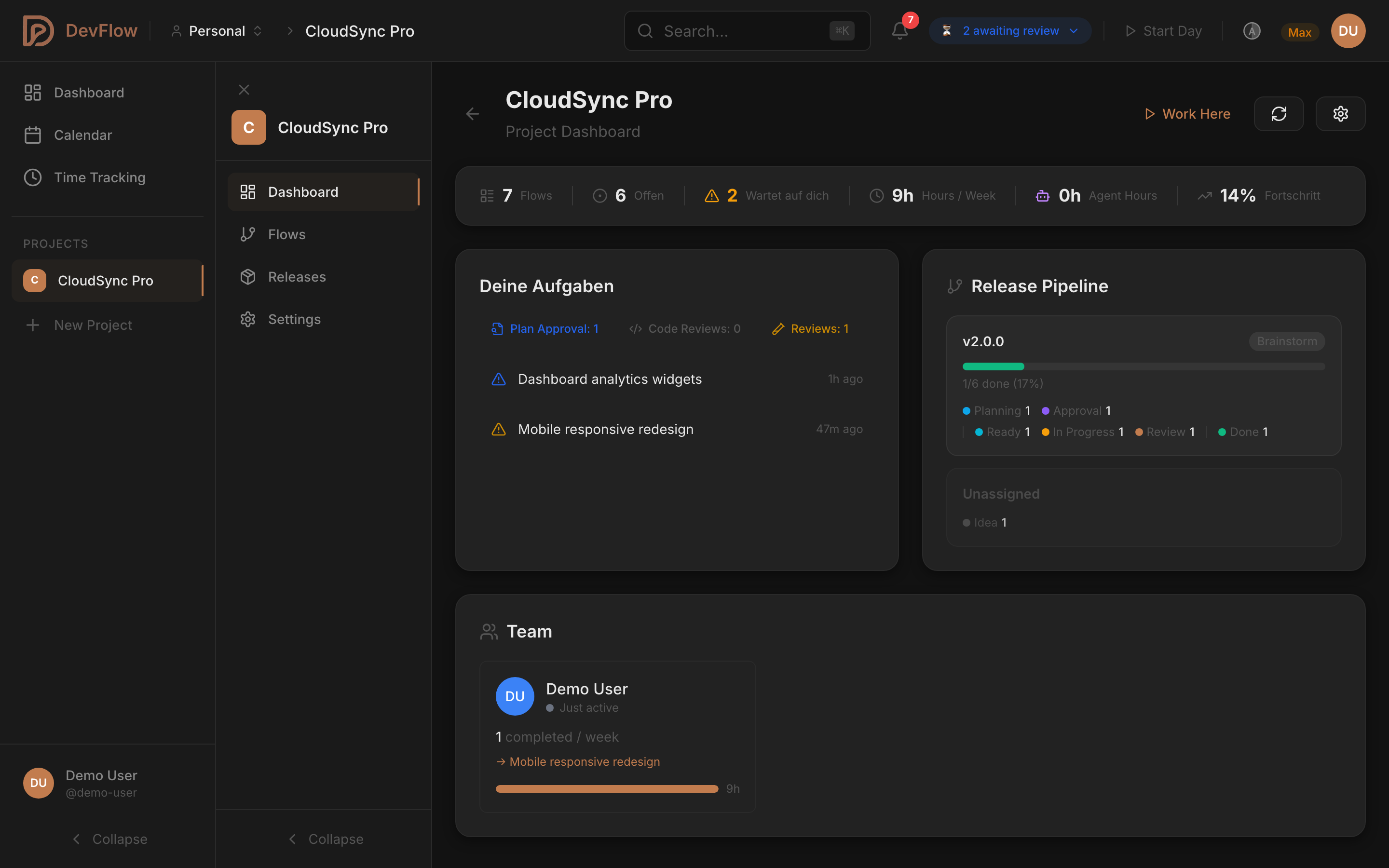 DevFlow Dashboard — Project overview with flows, stats, and active timer