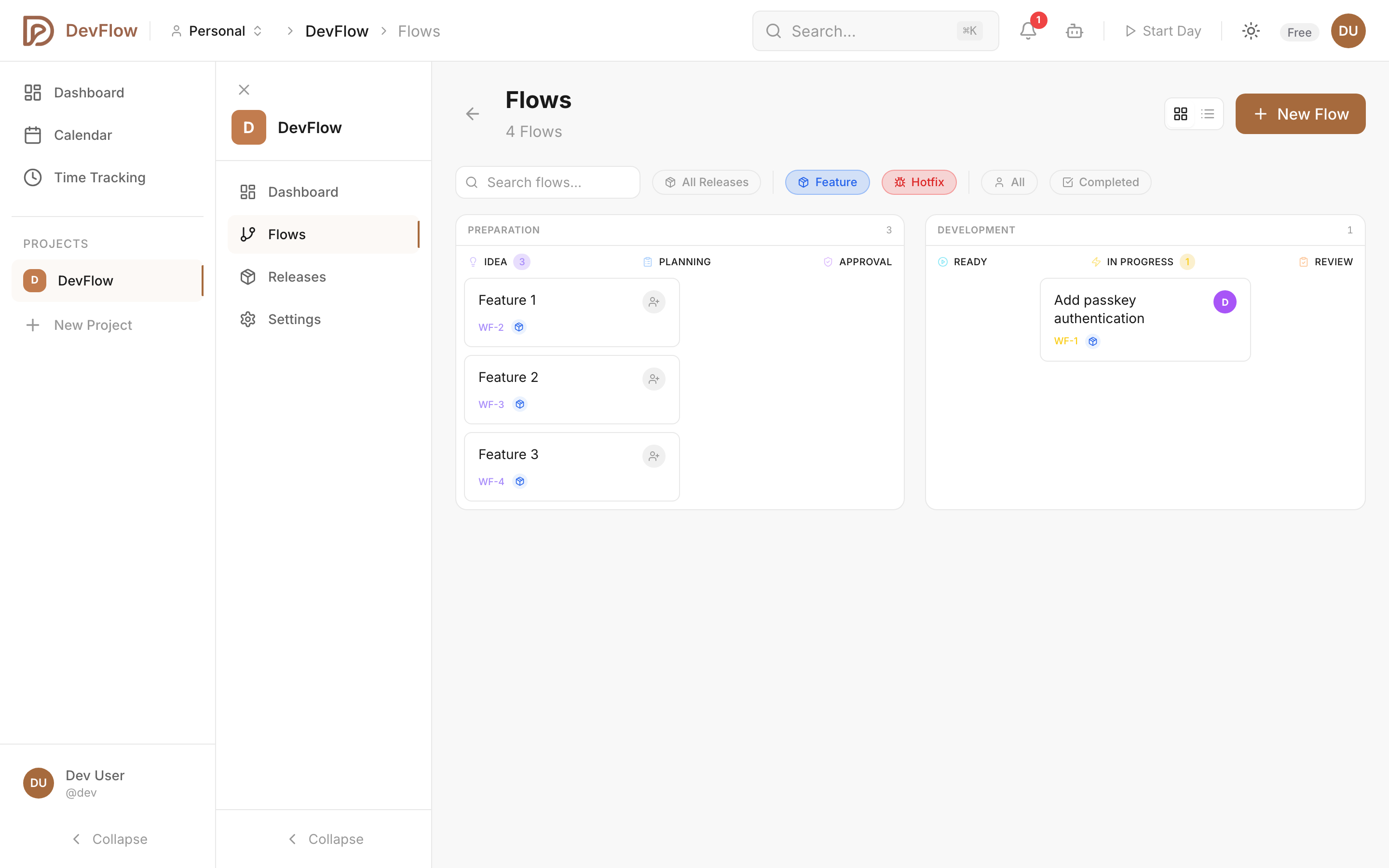 DevFlow flows list view with filtering and sorting