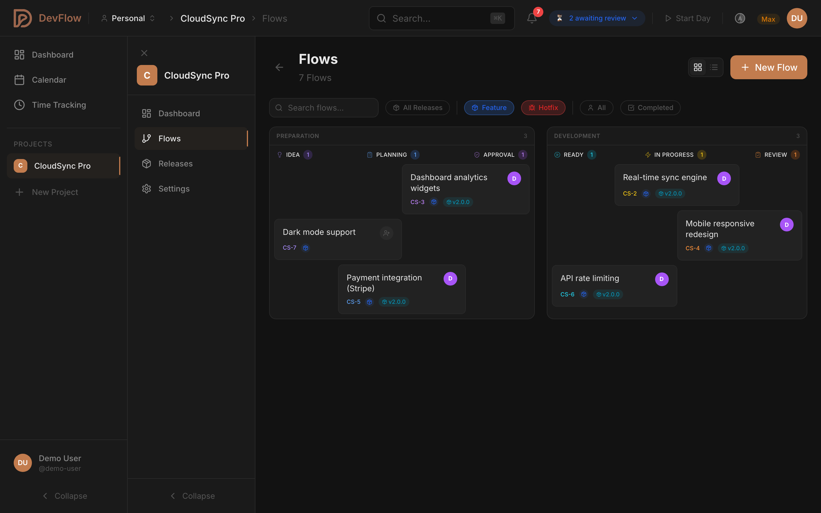 DevFlow flows list view with filtering and sorting