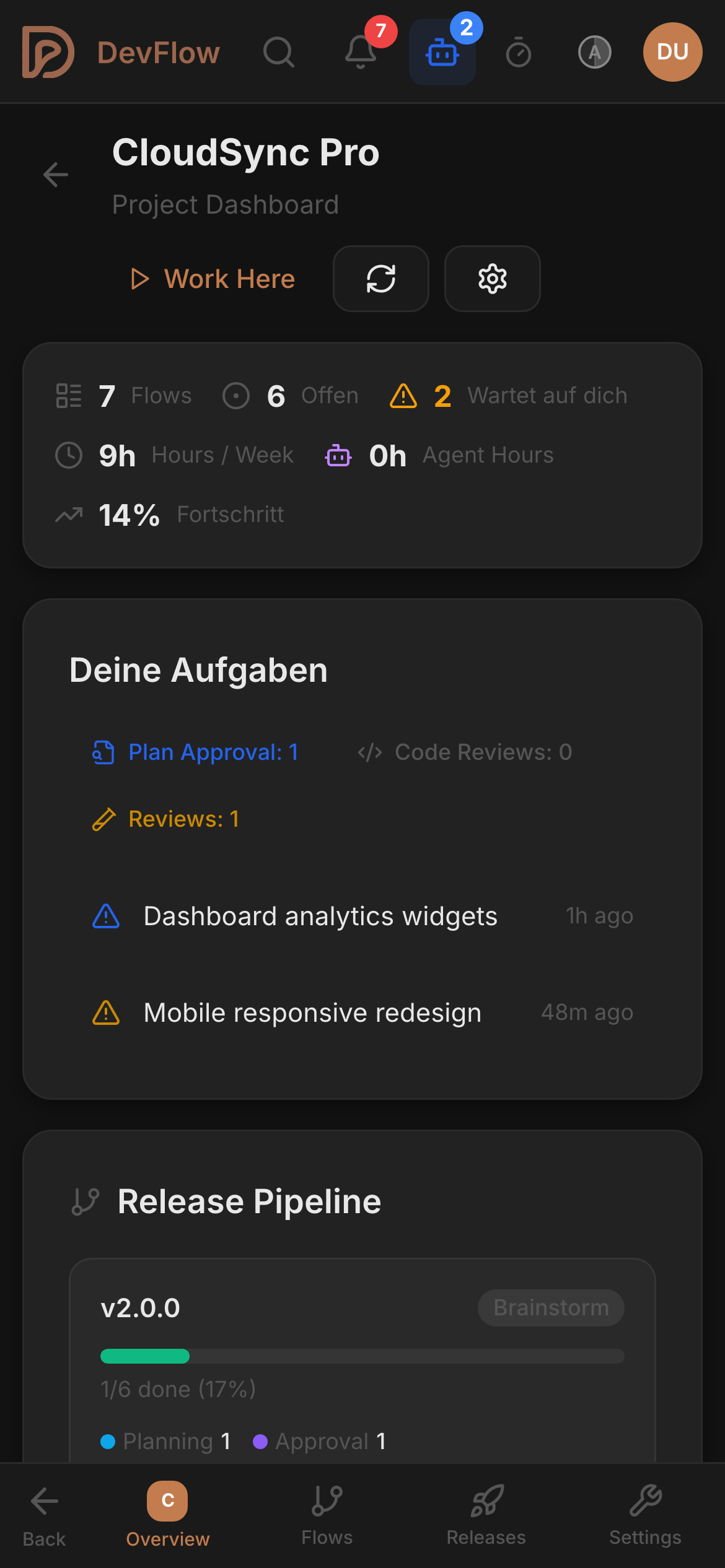 DevFlow dashboard on mobile