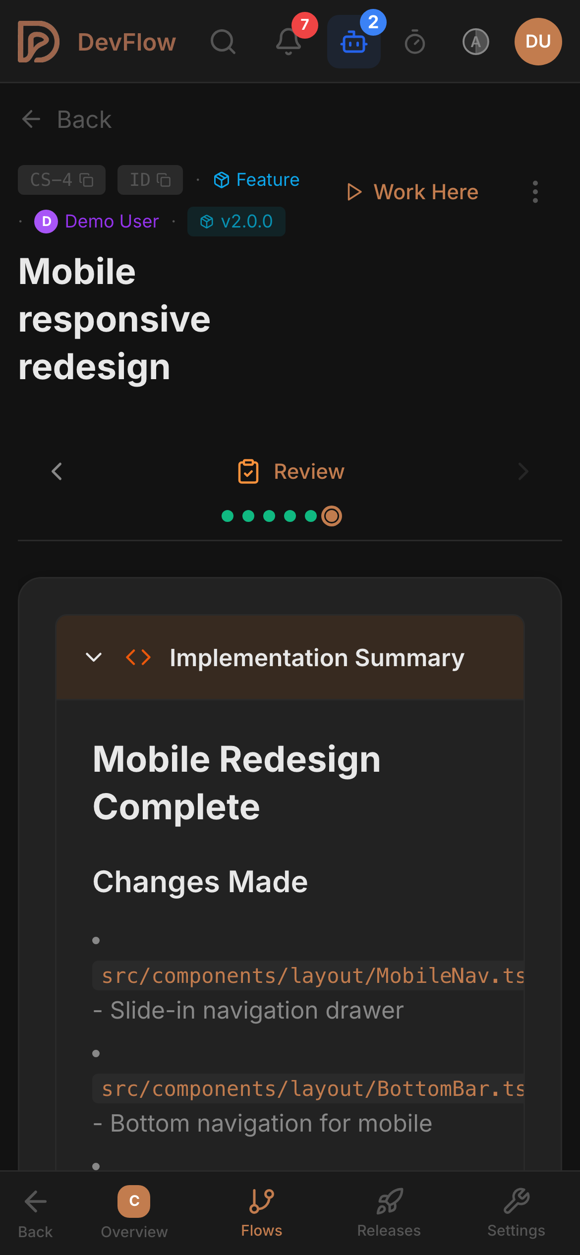 DevFlow flow detail on mobile
