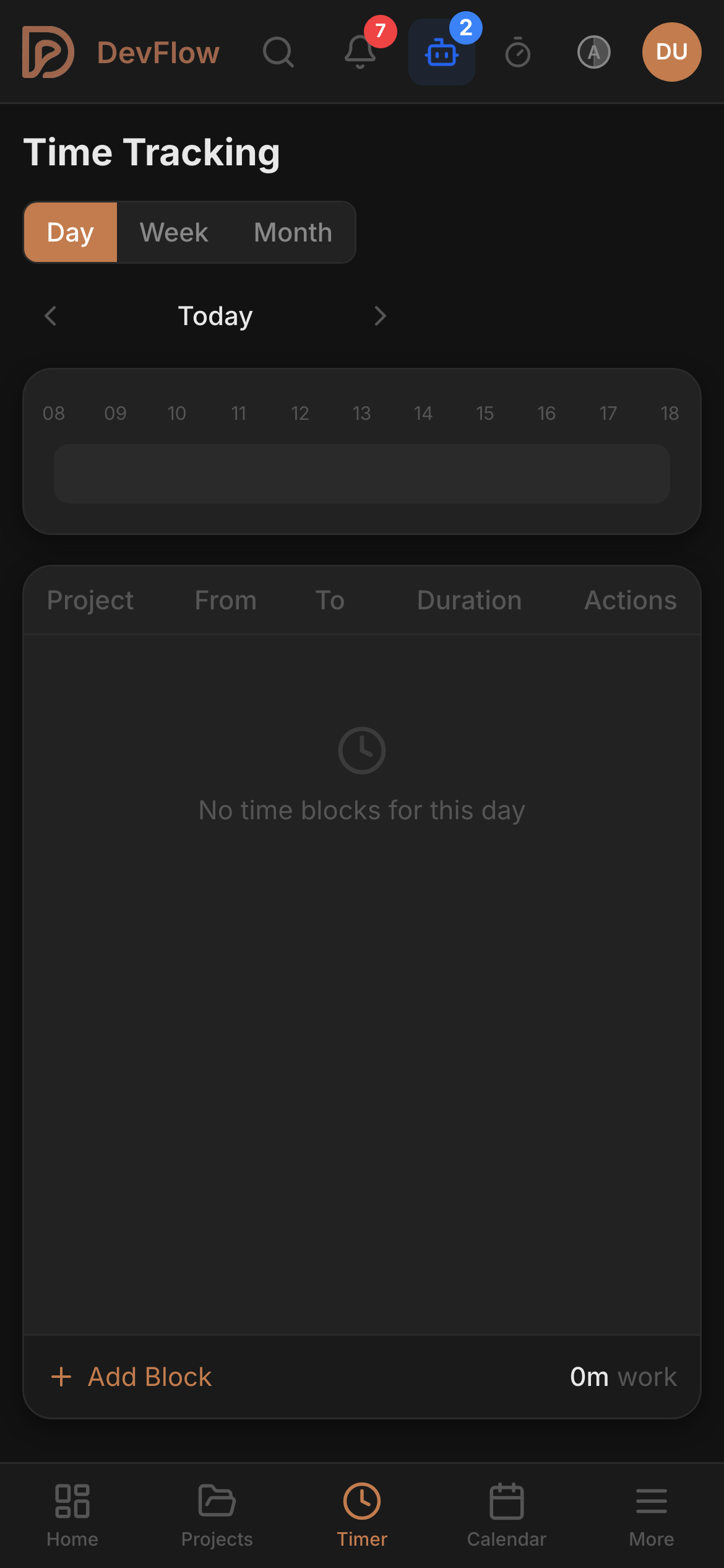 DevFlow time tracking on mobile
