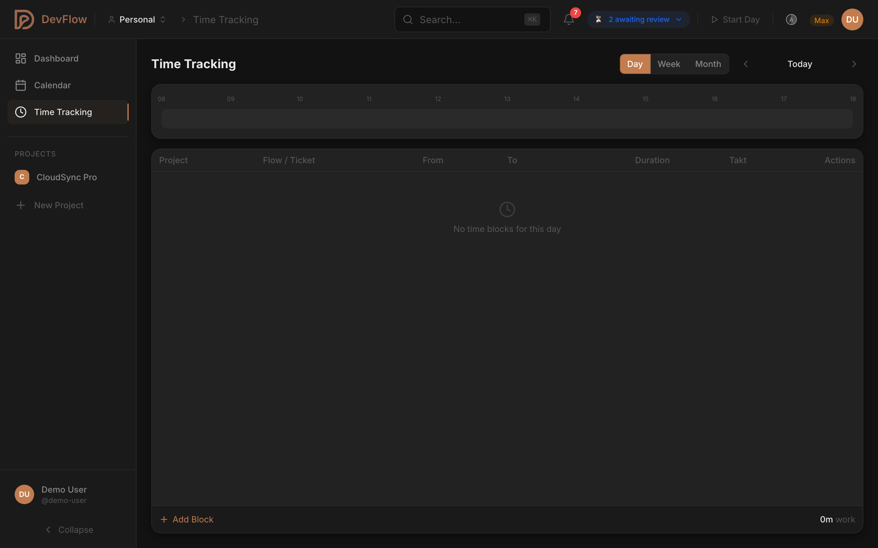 DevFlow time tracking with timer and time entries